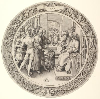 Christus voor Annas, uit de Circulaire Passie, 1509 door Lucas van Leyden