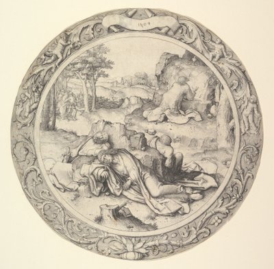 Christus op de Olijfberg, uit de Circulaire Passie, 1509 door Lucas van Leyden