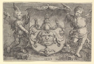 Wapen met een Masker, Gehouden door Twee Genii door Lucas van Leyden