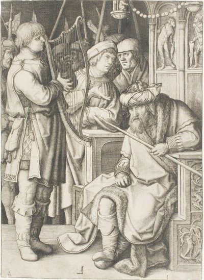 David speelt harp voor Saul door Lucas van Leyden