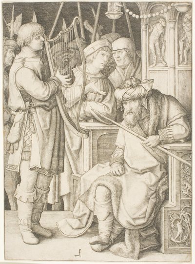 David Speelt de Harp voor Saul door Lucas van Leyden