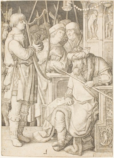 David Speelt de Harp voor Saul door Lucas van Leyden