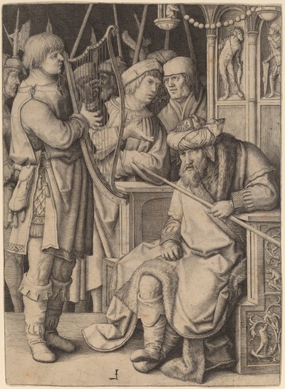 David Speelt de Harp voor Saul door Lucas van Leyden
