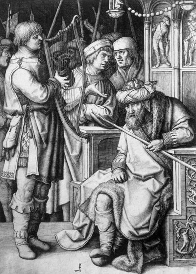 David speelt harp voor koning Saul, circa 1508, door Lucas van Leyden, gravure door Lucas van Leyden
