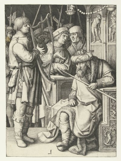 David speelt harp voor Saul door Lucas van Leyden