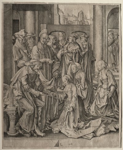 Esther voor Ahasveros door Lucas van Leyden