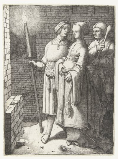Jongeman met een toorts, een vrouw en een nar door Lucas van Leyden