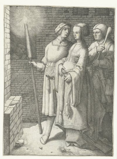 Jongeman met een toorts, een vrouw en een nar door Lucas van Leyden
