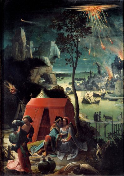 Lot en zijn dochters Lot omringt zijn twee dochters, toevlucht in de bergen om te ontsnappen aan de vernietiging van Sodom. Naakte meisjes bedwelmen hun vader. Schilderij door Lucas van Leyden (Lucas Hugensz of Lucas Jacobsz) (1494-1533) door Lucas van Leyden