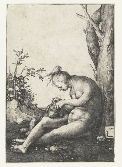 Naakte vrouw met hond door Lucas van Leyden