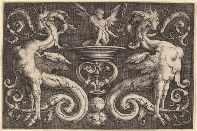 Ornament met Twee Sfinxen en een Gevleugelde Man door Lucas van Leyden