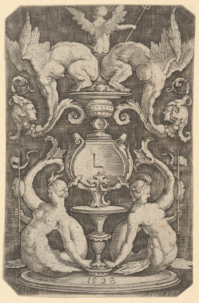 Paneel van ornament met twee sirenen, 1528 door Lucas van Leyden