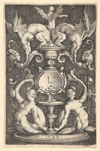 Paneel van ornament met twee sirenen door Lucas van Leyden