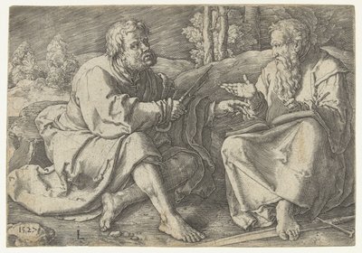 Paulus en Petrus zittend in een landschap door Lucas van Leyden
