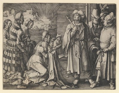 De vrouw van Potifar beschuldigt Jozef door Lucas van Leyden