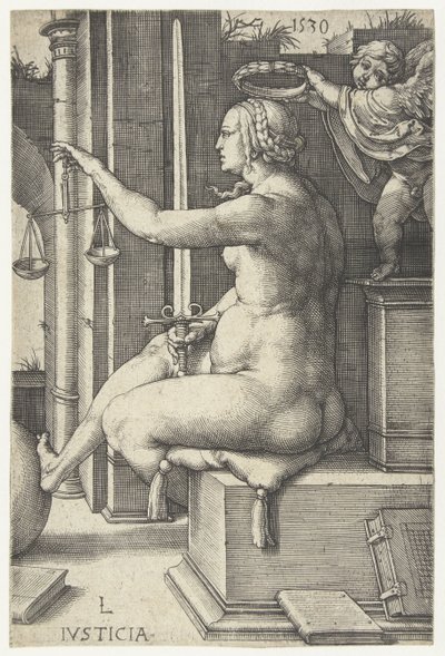 Rechtvaardigheid Iusticia (titel op object) Zeven Deugden (serietitel) door Lucas van Leyden