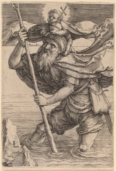 Sint Christoffel draagt het Christuskind door Lucas van Leyden