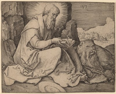 Sint Hiëronymus in een landschap door Lucas van Leyden