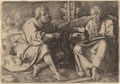 Heiligen Petrus en Paulus zittend in een landschap door Lucas van Leyden