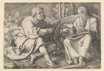 St. Petrus en Paulus zittend in een landschap door Lucas van Leyden