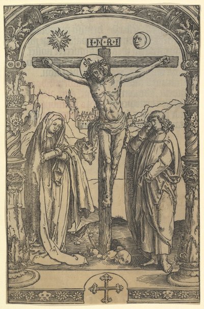 De kruisiging, gebruikt in Missale Traiectense door Lucas van Leyden
