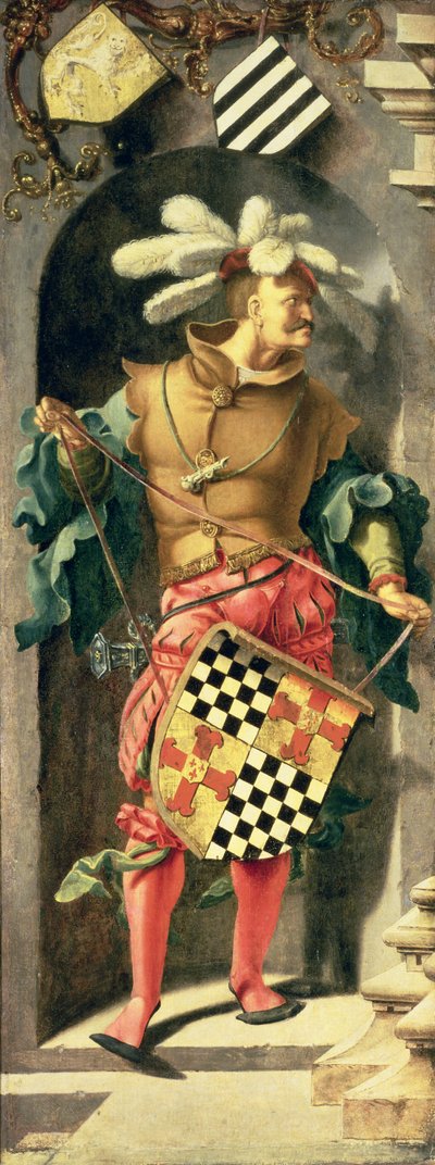 De genezing van de blinde man van Jericho, linker zijpaneel van drieluik met krijger met het wapen van de patroon, 1531 door Lucas van Leyden
