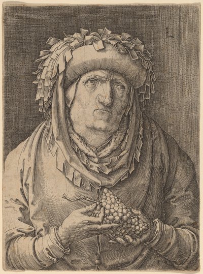De oude vrouw met druiven door Lucas van Leyden