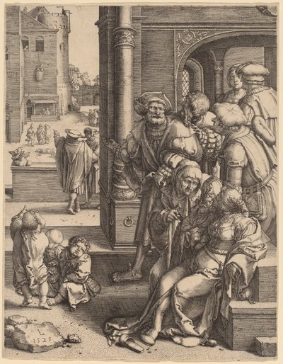 De dichter Virgil opgehangen in een mand door Lucas van Leyden
