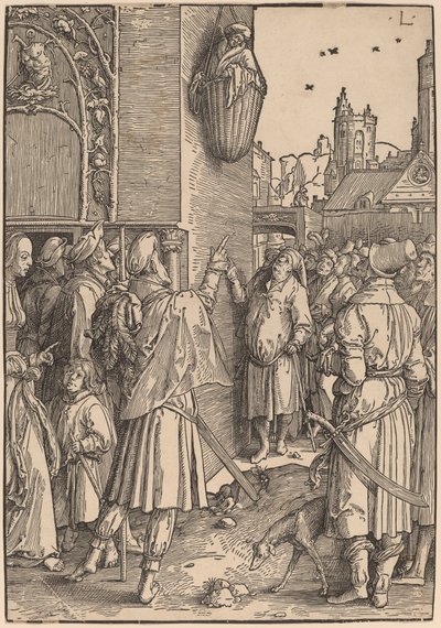 De dichter Vergilius opgehangen in een mand door Lucas van Leyden