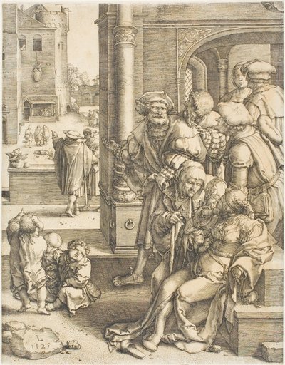 De dichter Vergilius opgehangen in een mand door Lucas van Leyden