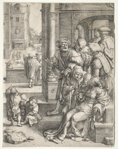 De dichter Vergilius opgehangen in een mand door Lucas van Leyden