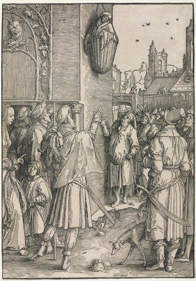 De Macht van Vrouwen: De Dichter Vergilius Opgehangen in een Mand, c. 1512 door Lucas van Leyden