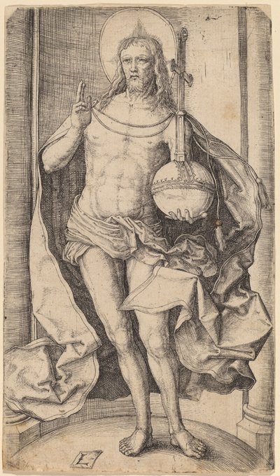 De Verlosser staande met de wereldbol en het kruis in zijn linkerhand door Lucas van Leyden