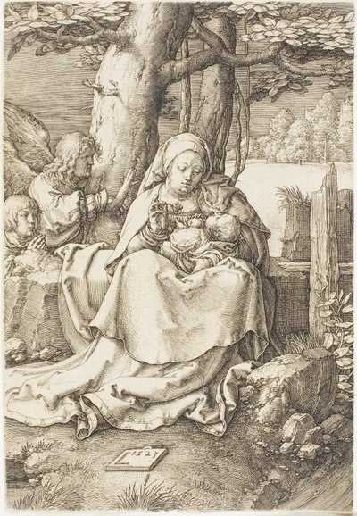 De Maagd en het Kind met twee engelen door Lucas van Leyden