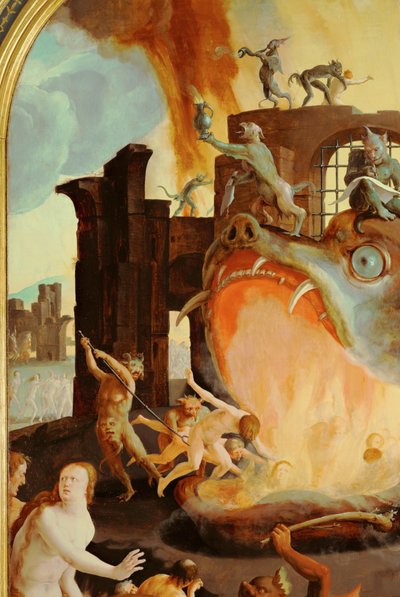 De muil van de hel die de verdoemden verslindt (olieverf op hout) door Lucas van Leyden