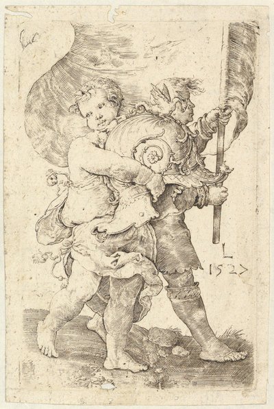 Twee jongens met een helm en standaard door Lucas van Leyden