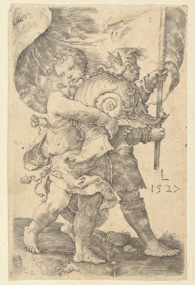 Twee Jongens met een Helm en Standaard door Lucas van Leyden