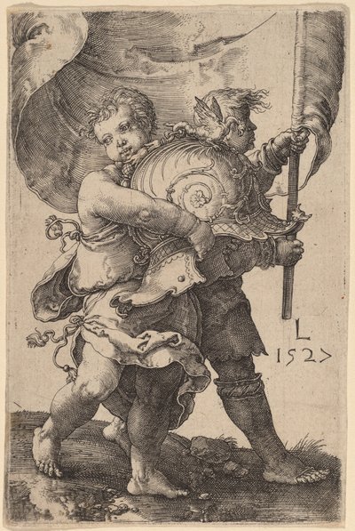 Twee Jongens met een Helm en een Vaandel door Lucas van Leyden
