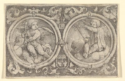 Twee putti zittend in wolken in cirkels met ranken, 1517 door Lucas van Leyden