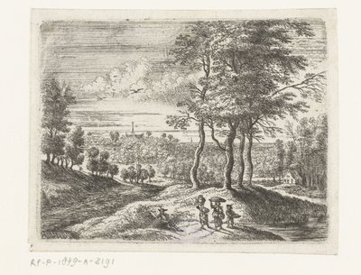 Boslandschap met twee vrouwen en een jongen met een mand door Lucas van Uden