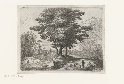 Drie bomen, een herder met schapen en een hond door Lucas van Uden