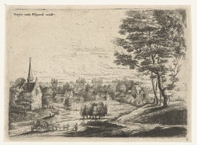 Gezicht op een dorp met een huifkar door Lucas van Uden
