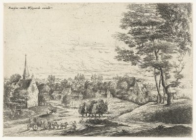 Gezicht op een dorp met een huifkar door Lucas van Uden