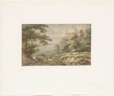 Heuvelachtig landschap met kudde schapen en koe door Lucas van Uden