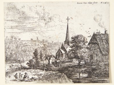 Dorp bij een rivier, op de voorgrond drie figuren door Lucas van Uden