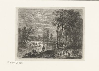 Landschap bij nacht met boeren en vee door Lucas van Uden