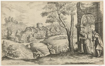 Landschap met de heilige familie en twee vroedvrouwen door Lucas van Uden