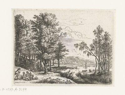 Landschap met drie figuren bij een meer Kleine landschappen (serie) door Lucas van Uden