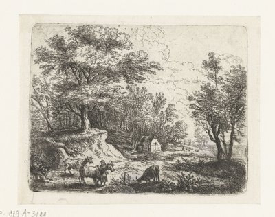 Landschap met drie koeien en een vrouw door Lucas van Uden