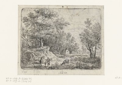 Landschap met drie koeien en een vrouw door Lucas van Uden
